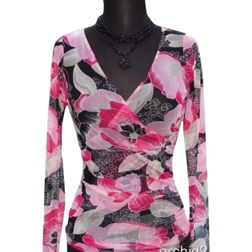 Cache Mesh Sheer Illusion Ruched Wrap Plunge V Top Stretch New Nylon NWT $98 SzM